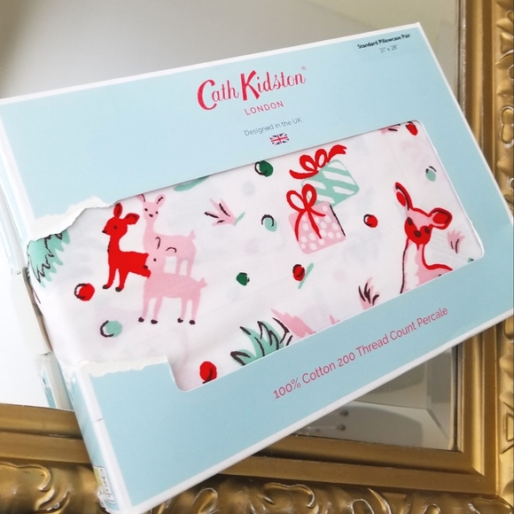 ❗Cath Kidston London DITSY DEER Pink CHRISTMAS 2 STANDARD Cotton PILLOWCASES❗